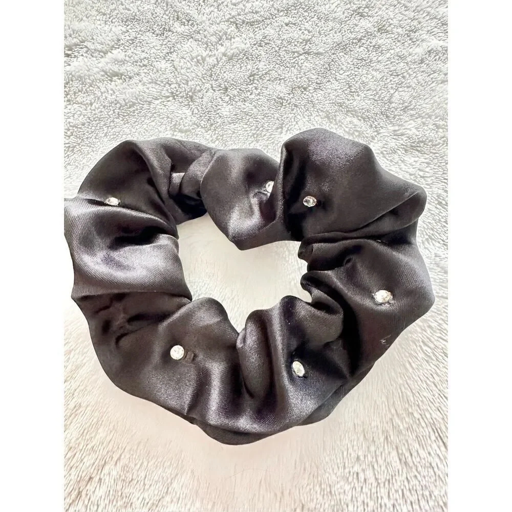 Black color satin hair scrunchie with swavorski crystals ￼